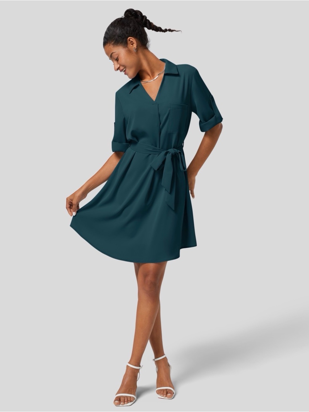 HALARA Teal Shirt Dress with Tie Waist